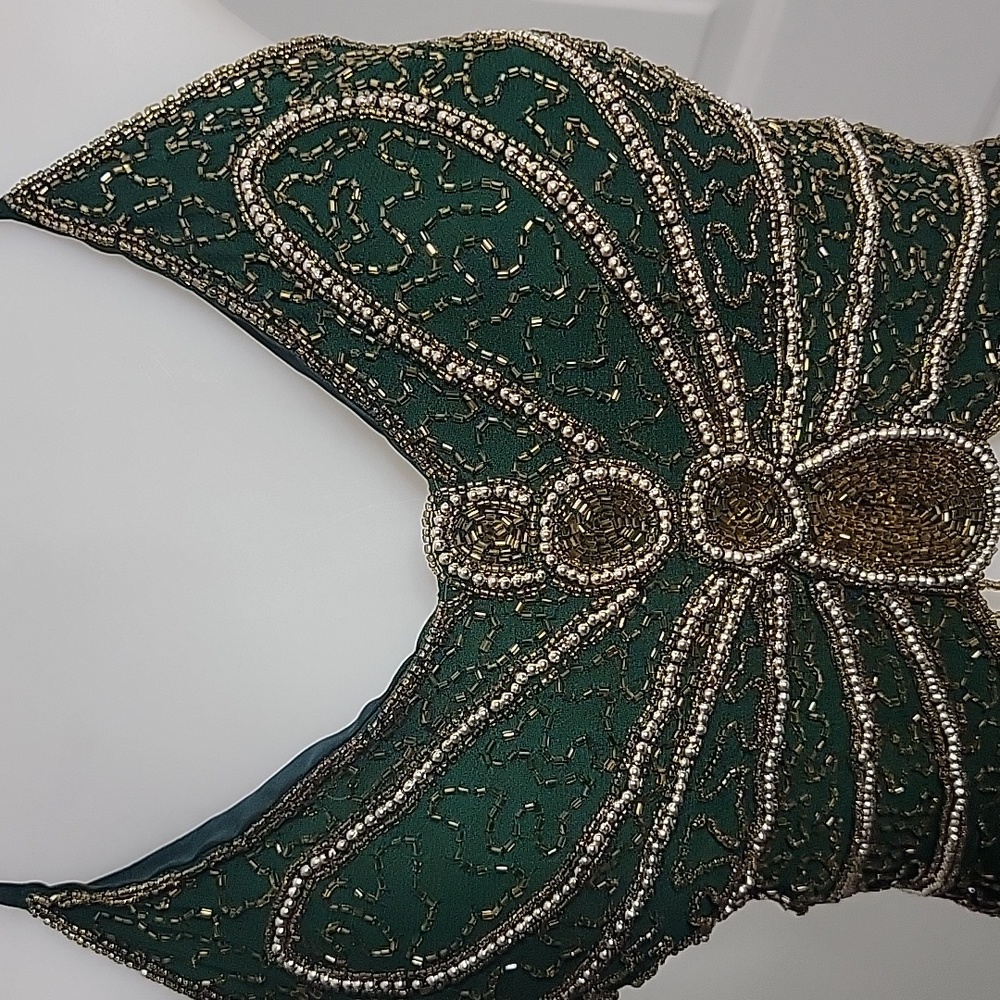 Gypsy Green and Gold Beaded Butterfly Halter 3 Tie Women's Top Size Small - Picture 3 of 11